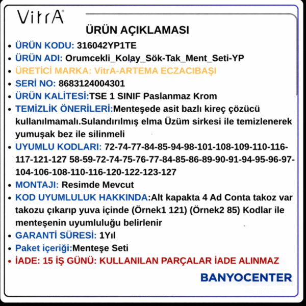 VİTRA Yavaş Kapanır Klozet Kapağı Menteşe Seti Örümcekli Kolay Montaj (316042Yp1Te)